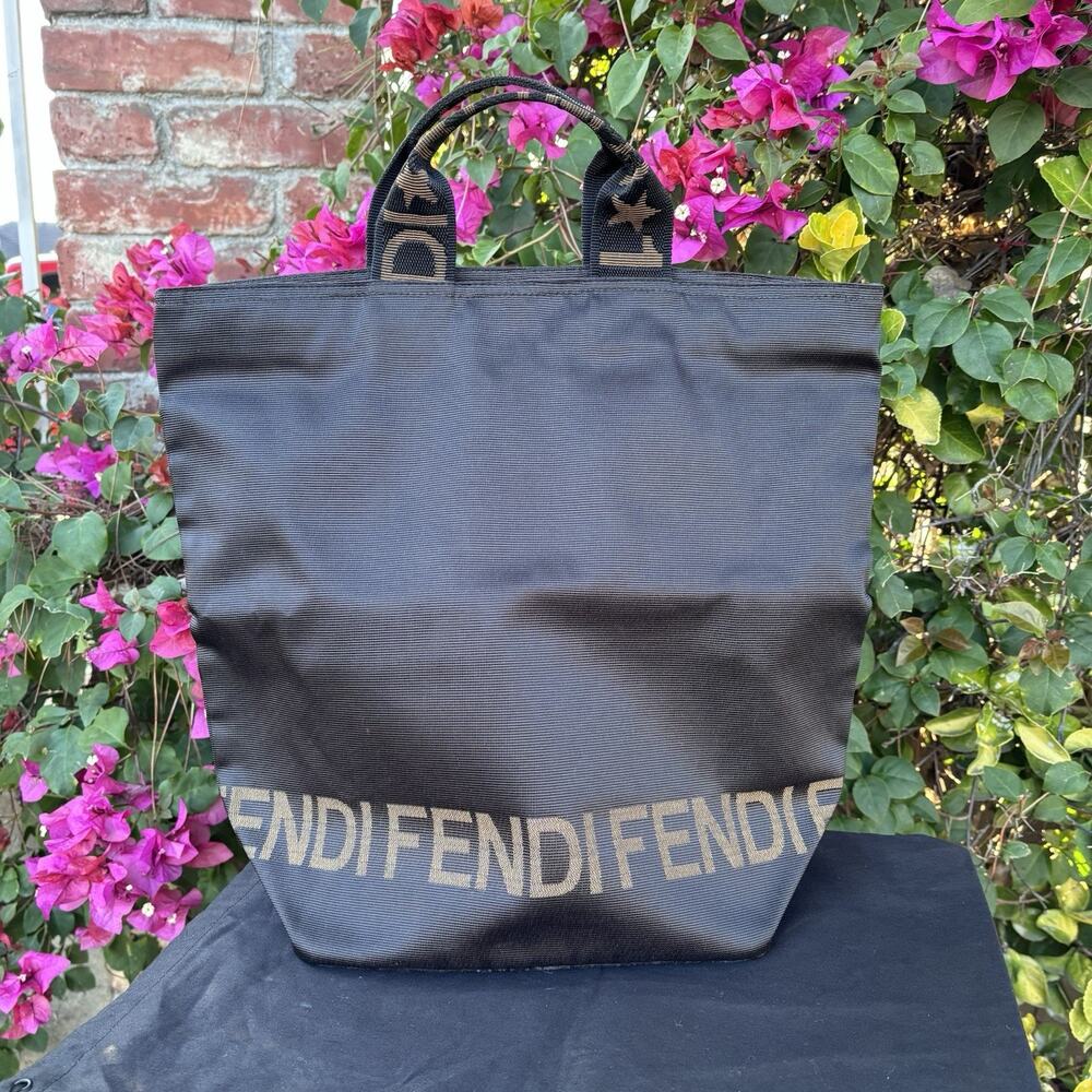 FENDI Nylon Bucket Tote Bag Handbag Star Logo Brown